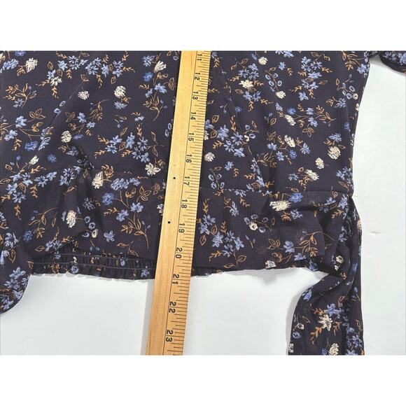 1.State Women Small Blue Floral Chiffon Blouse Top L/S Tie Waist V-neck Career - Picture 8 of 10